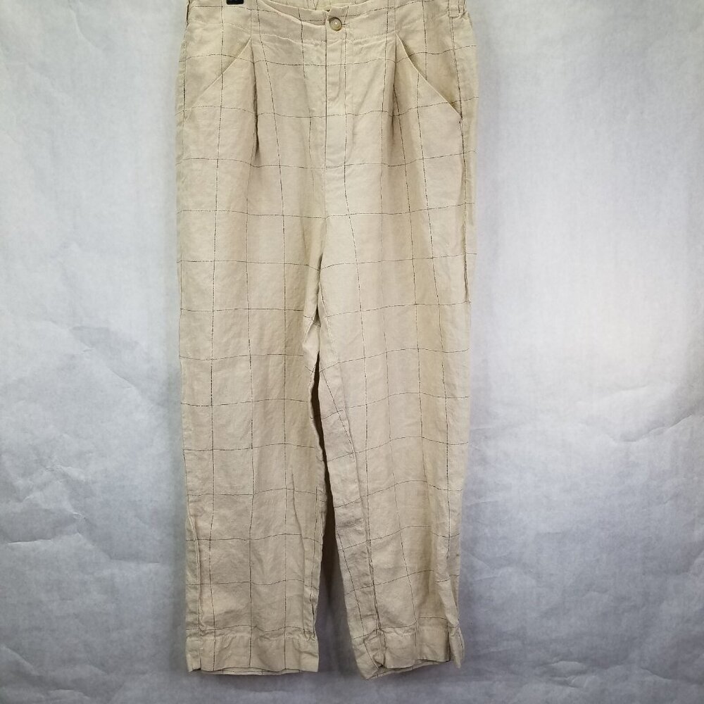 Madewell Pants Women's Sz 6 Windowpane Plaid Linen Pleated Wide-Leg Resort Beach